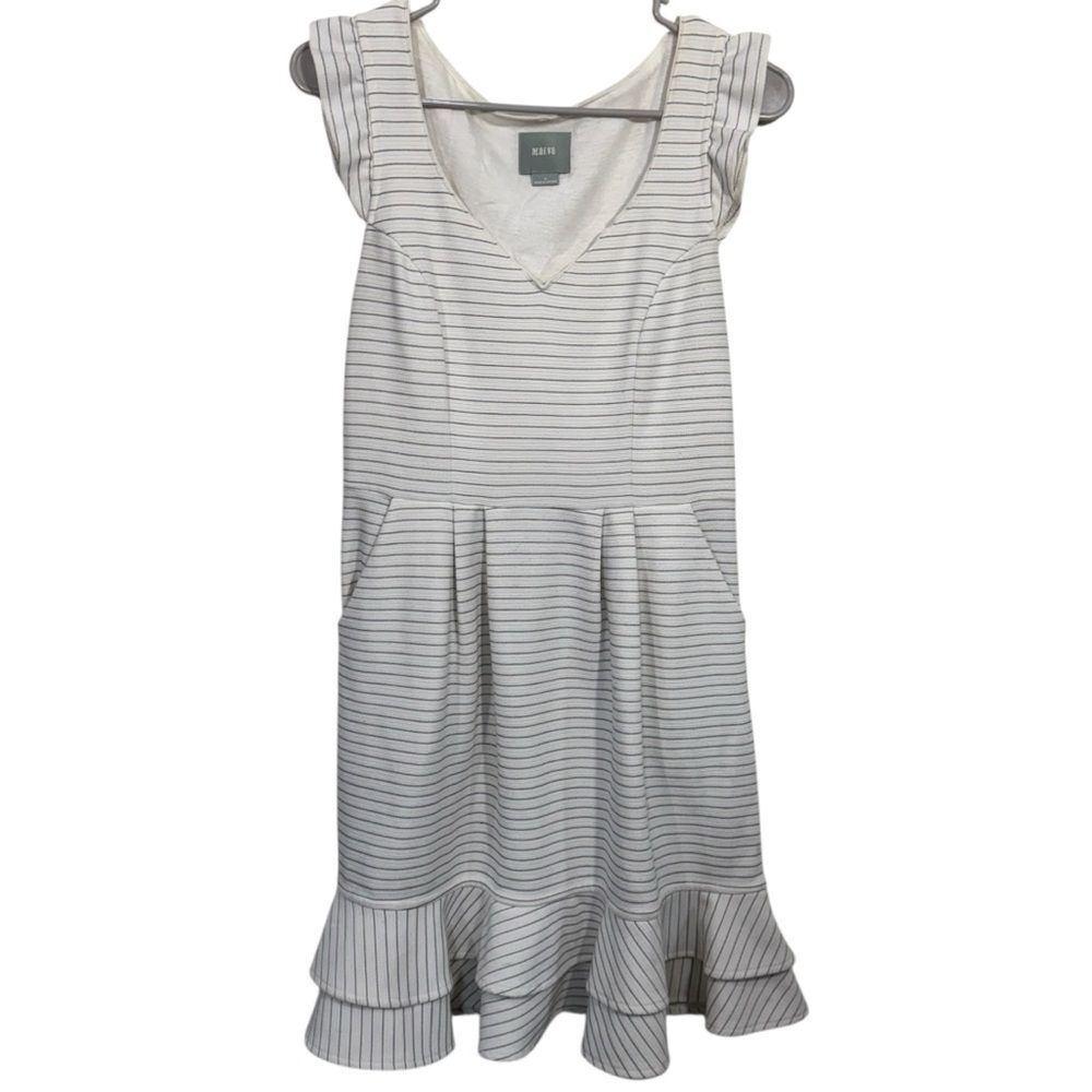 Anthropologie Maeve White Striped Cap Sleeve Midi Length Dress